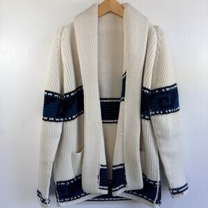 Vinatge 70s Style Chunky Shawl Collar Cardigan Sweater-Cream & Blue Nordic Knit